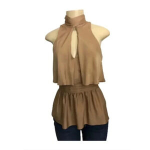 BCBGMaxAzria  Fairycore Sleeveless Tan tiered ruffle blouse top tie collar